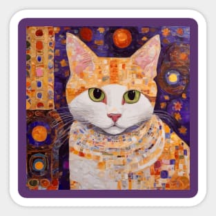 Gustav Klimt Style Tabby Cat Kitten with Green Eyes in a Starry Night Sticker